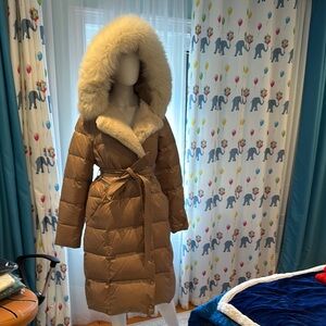 Women's Tan Fur-Trimmed Puffer Coat
